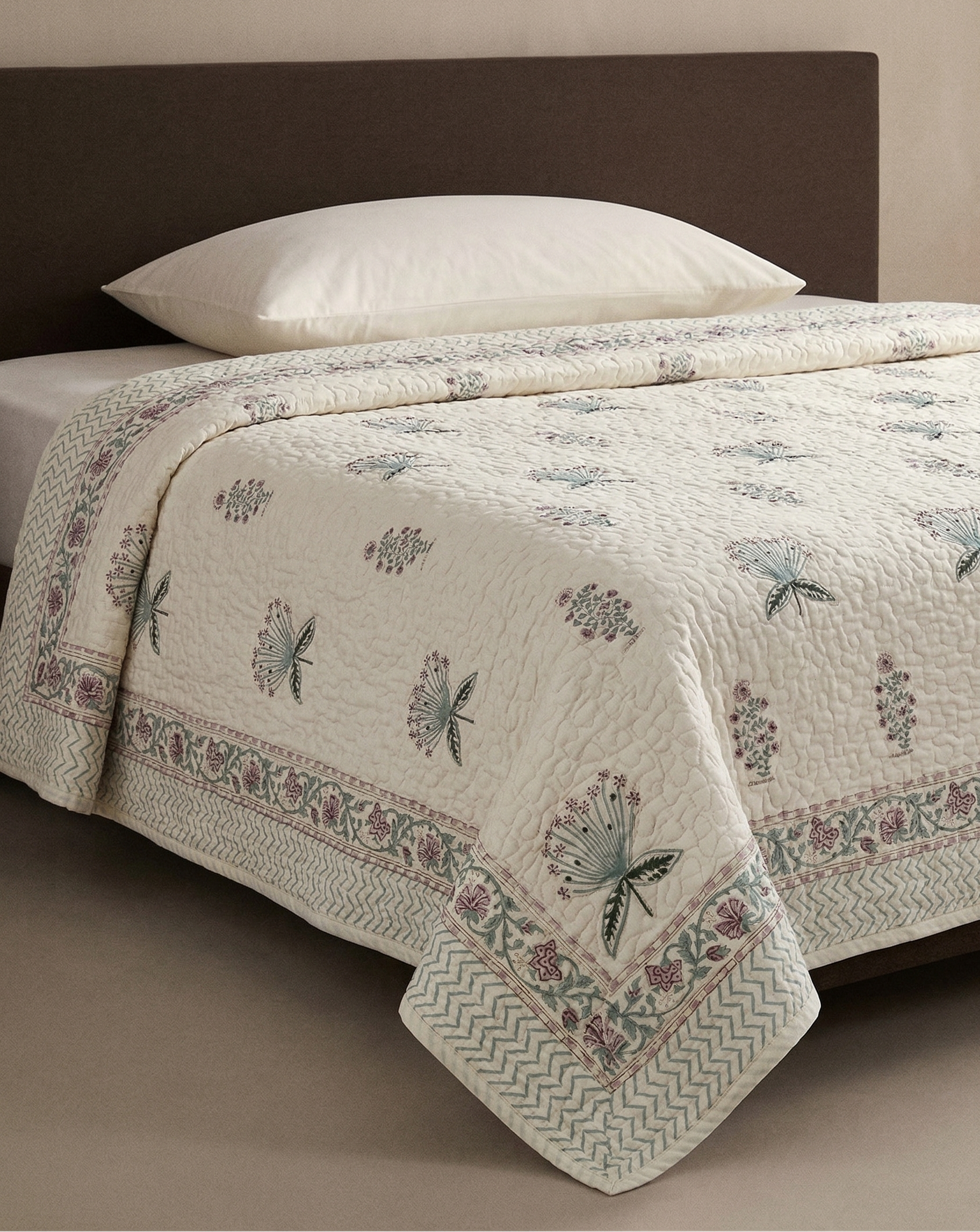 Jaipuri Cotton Quilted Bedcover | Pastel Floral Block Print | King Size