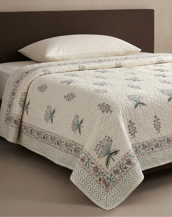 Jaipuri Cotton Quilted Bedcover | Pastel Floral Block Print | King Size