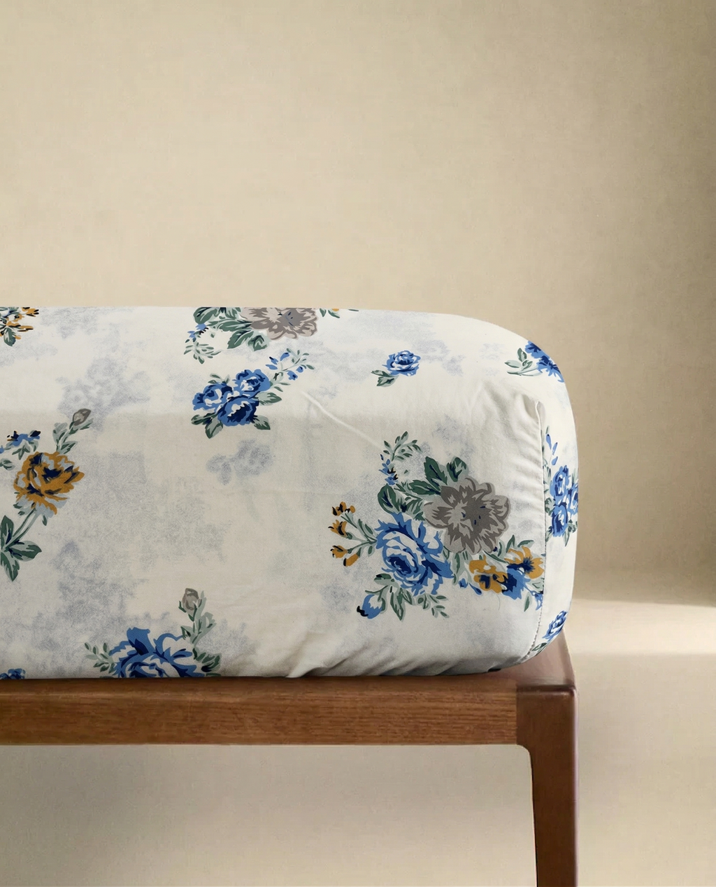 Jaipuri Sage & Slate Floral Fitted Bedcover | Premium Handblock Printed Cotton Bedspread | King Size Fitted Sheet