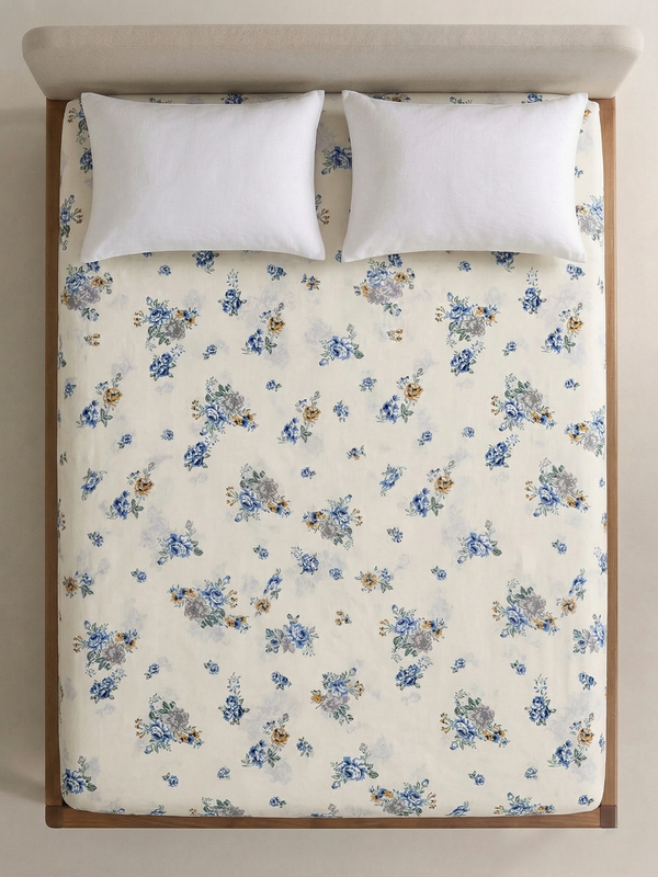 Jaipuri Sage & Slate Floral Fitted Bedcover | Premium Handblock Printed Cotton Bedspread | King Size Fitted Sheet