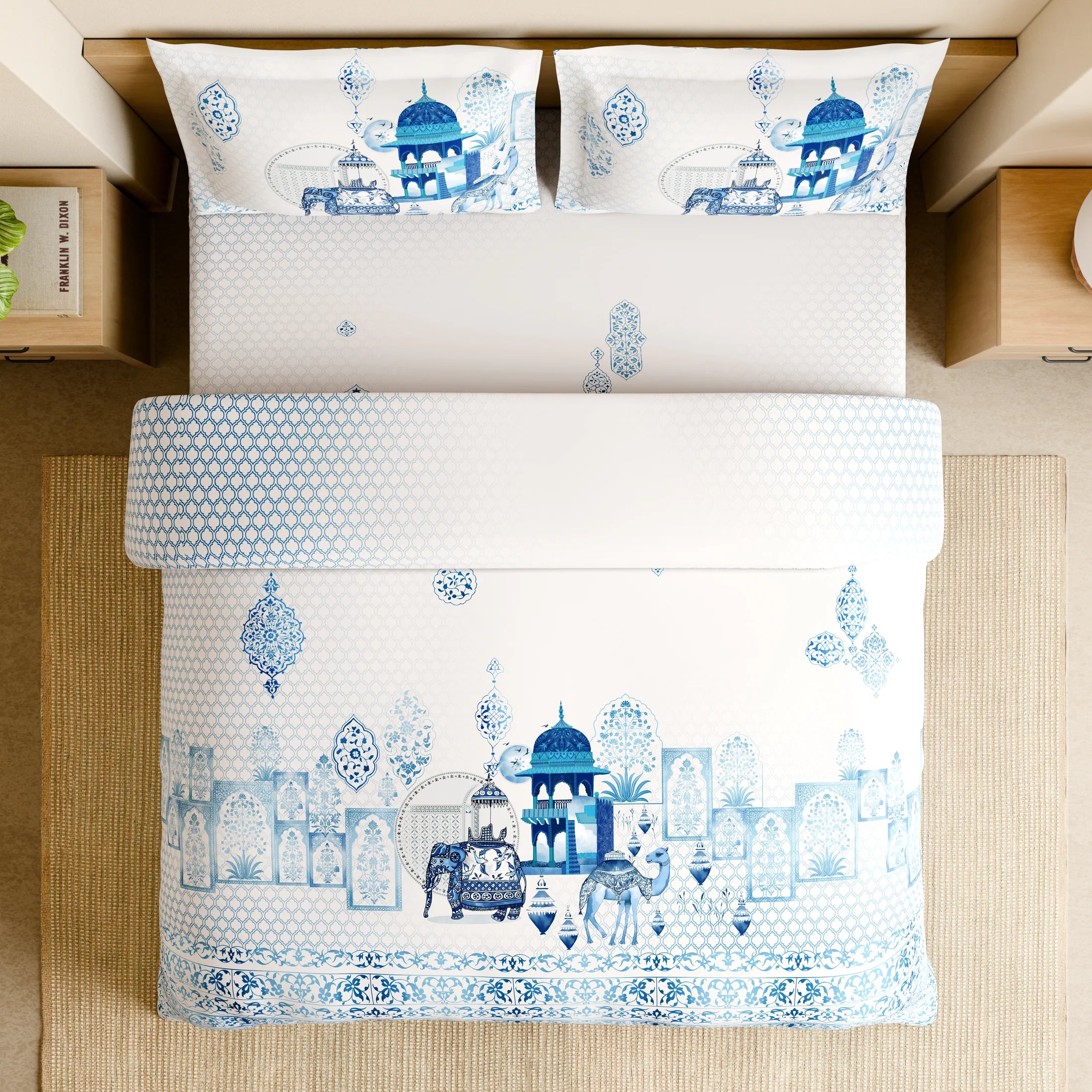 Spaces Shubha Blue Pottery Airy Blue Traditional Floral 300TC Cotton Super King Bed Sheet Set | 1085775 Airy Blue
