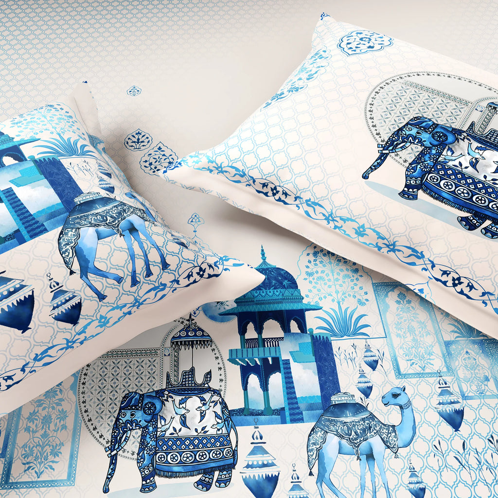 Spaces Shubha Blue Pottery Airy Blue Traditional Floral 300TC Cotton Super King Bed Sheet Set | 1085775 Airy Blue