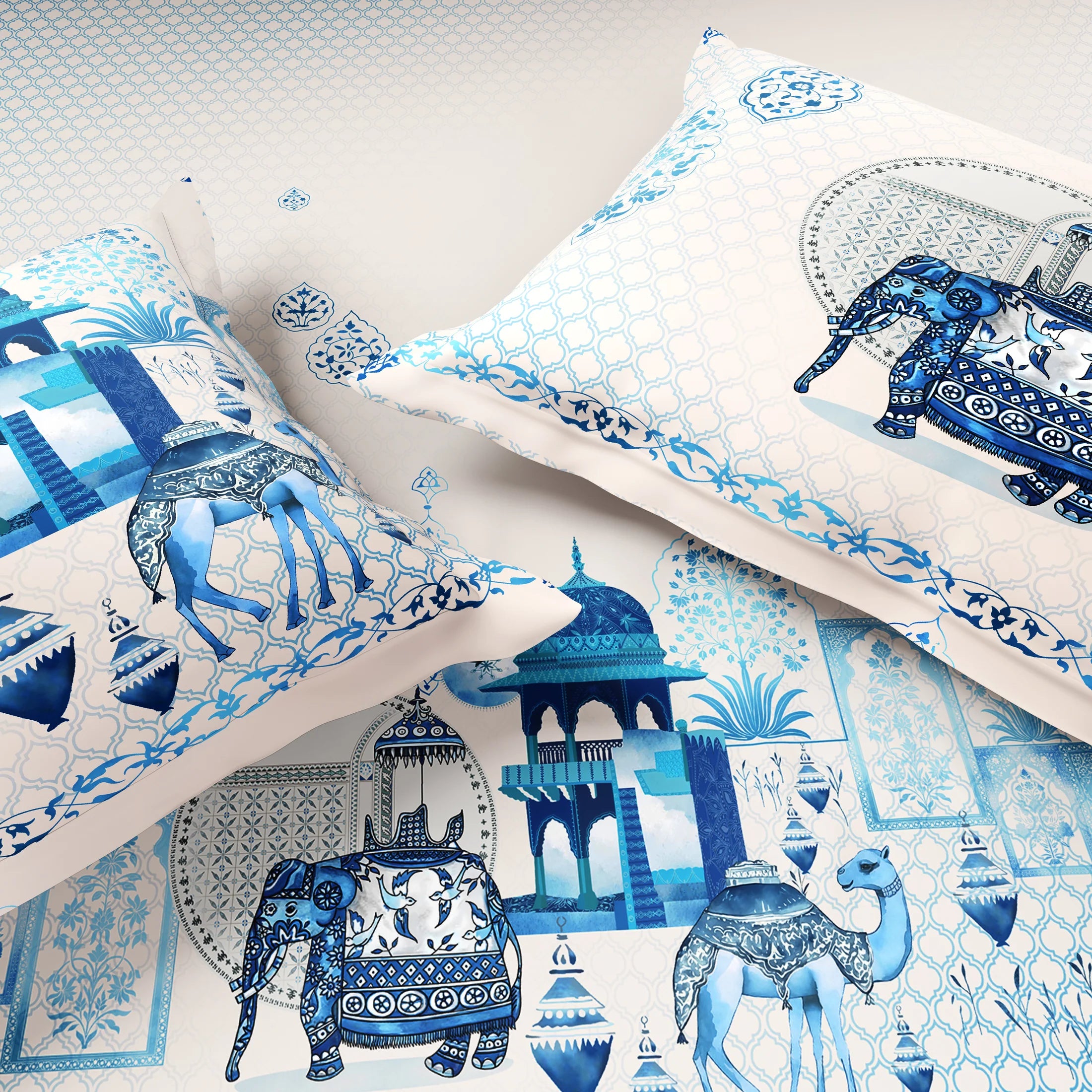 Spaces Shubha Blue Pottery Airy Blue Traditional Floral 300TC Cotton Super King Bed Sheet Set | 1085775 Airy Blue