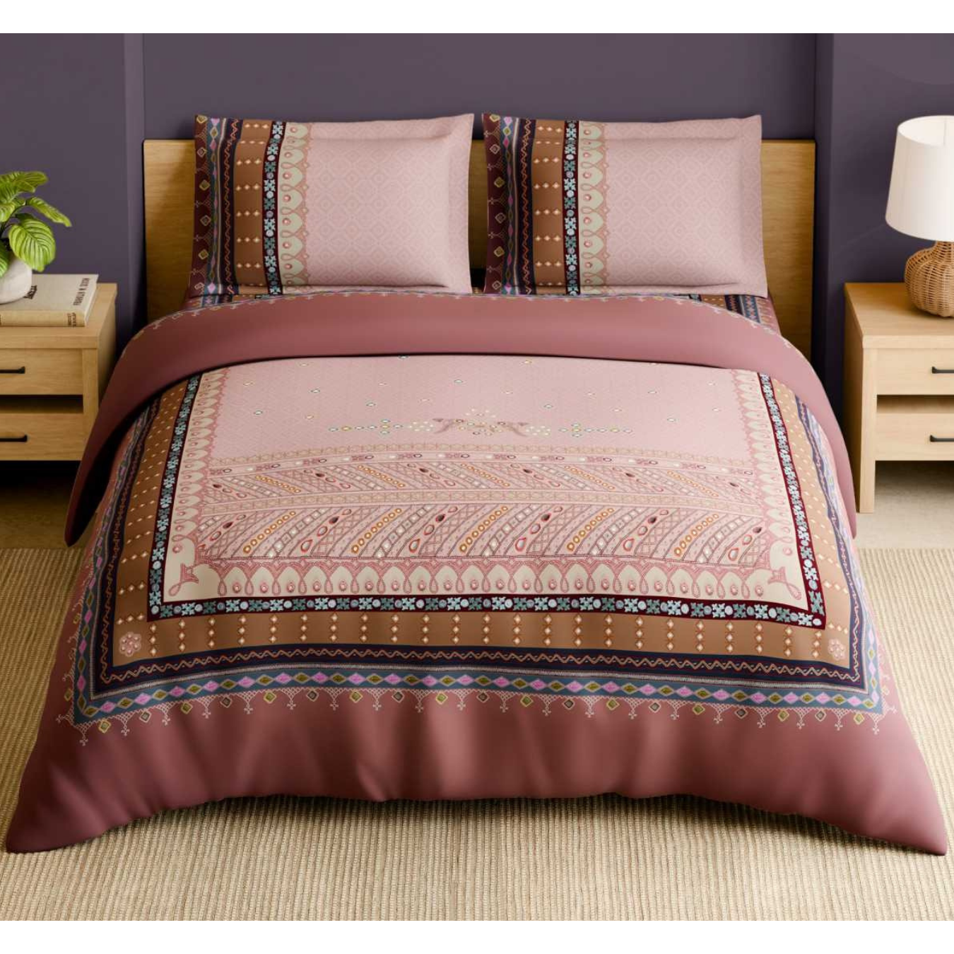 Spaces Shubha Banjara Heavenly Pink Traditional Embroidery Art 300TC Cotton Super King Bed Sheet Set | 1085773 Heavenly Pink