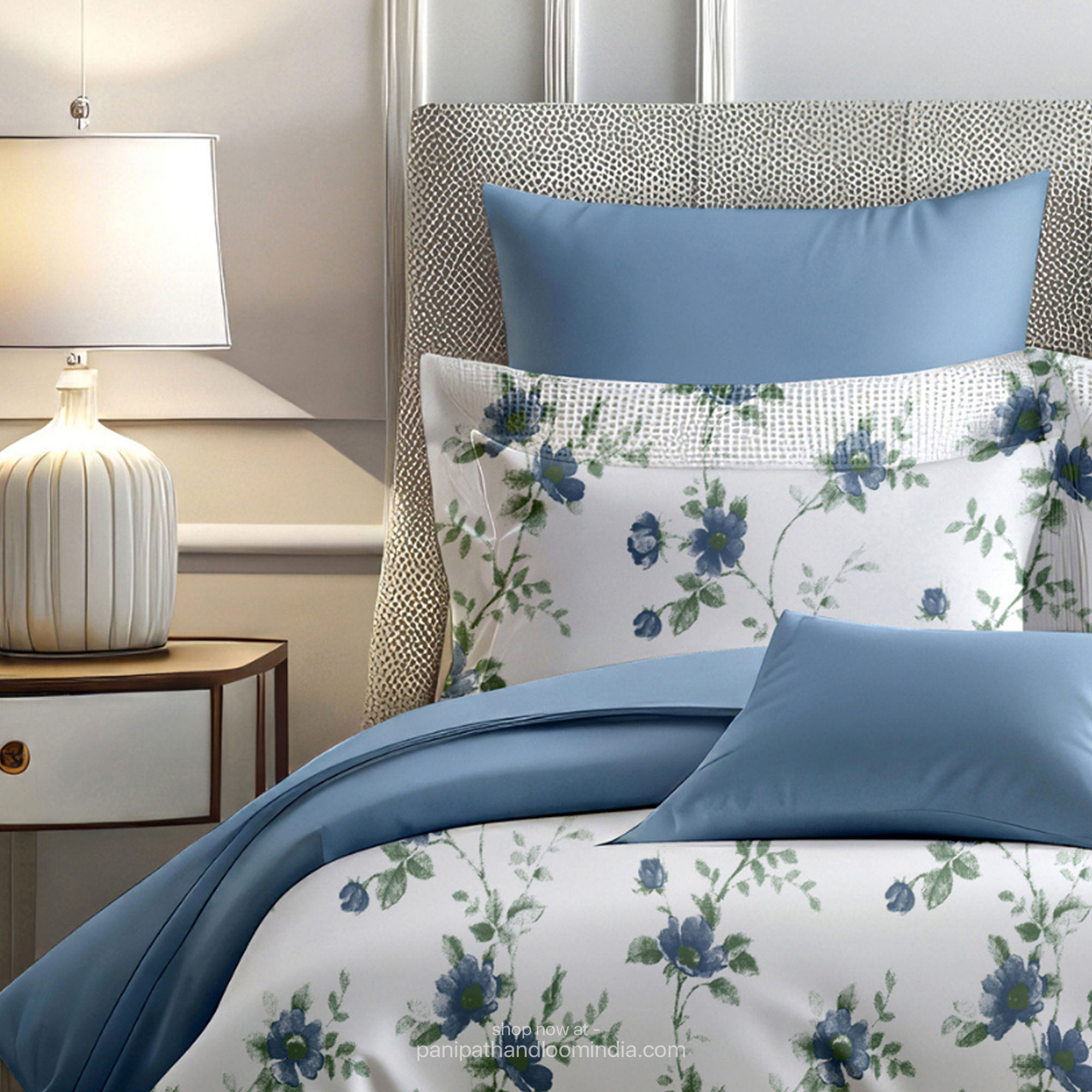 Linsdon Home House of Whites Floral Bloom | Azure Blue Digitally Printed 100% Cotton King Bedsheet Set