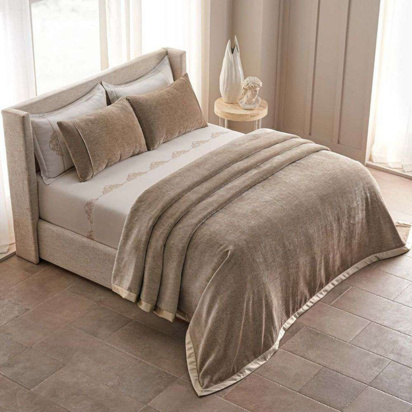 D'Decor Celestia Sand Luxury Bedding Set | Premium Chenille Bed Cover & Embroidered 210 TC Cotton Bedsheet | Oralis CE02 Sand