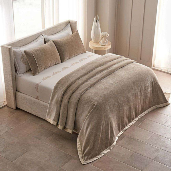 D'Decor Celestia Sand Luxury Bedding Set | Premium Chenille Bed Cover & Embroidered 210 TC Cotton Bedsheet | Oralis CE02 Sand