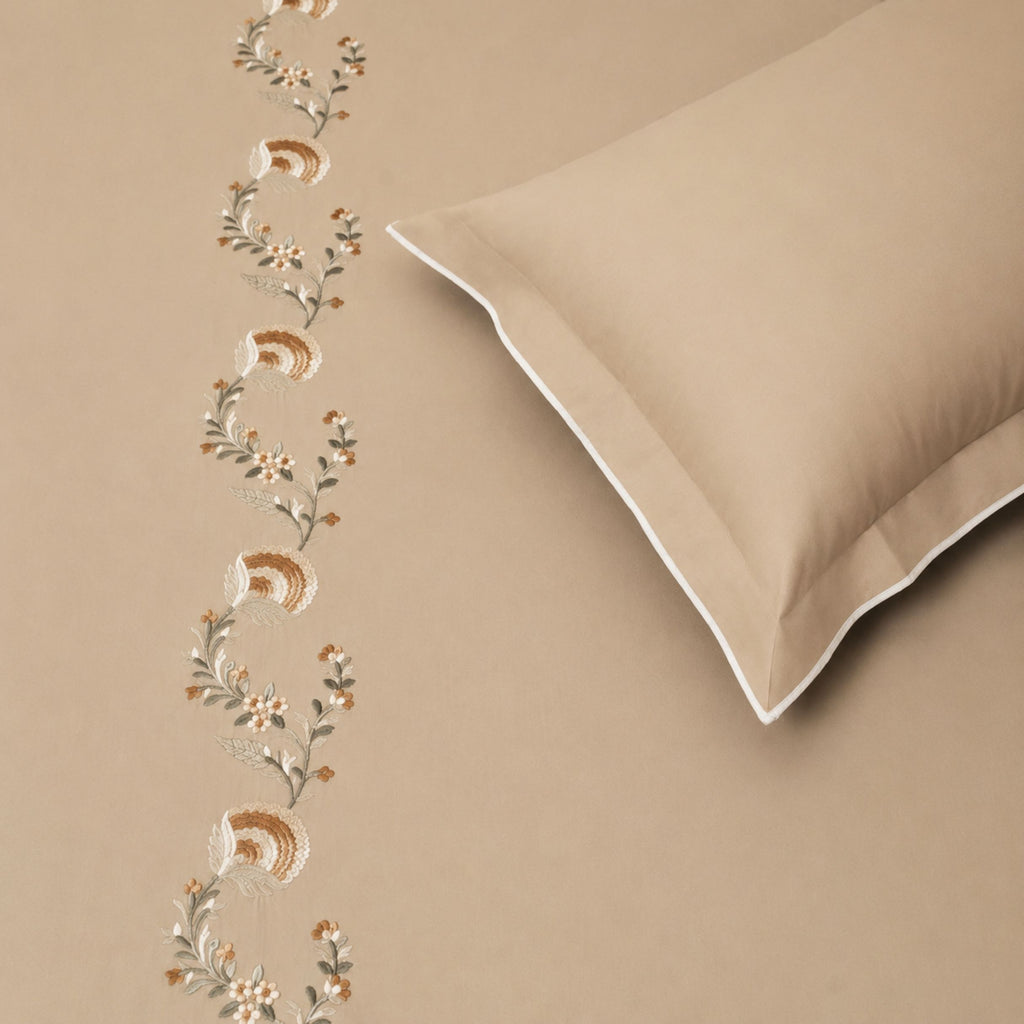 Sansaar by DDdecor Large Bedsheet Set with 2 Pillow Covers - Cambrose - Roasted Almond - Embroidered - 1 Pc