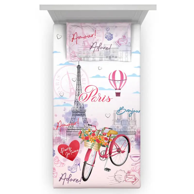 D'Decor Little Bratz Paris Amour | Blush Pink Eiffel Tower & Travel Sketch Print 100% Cotton Kids Bedsheet Set