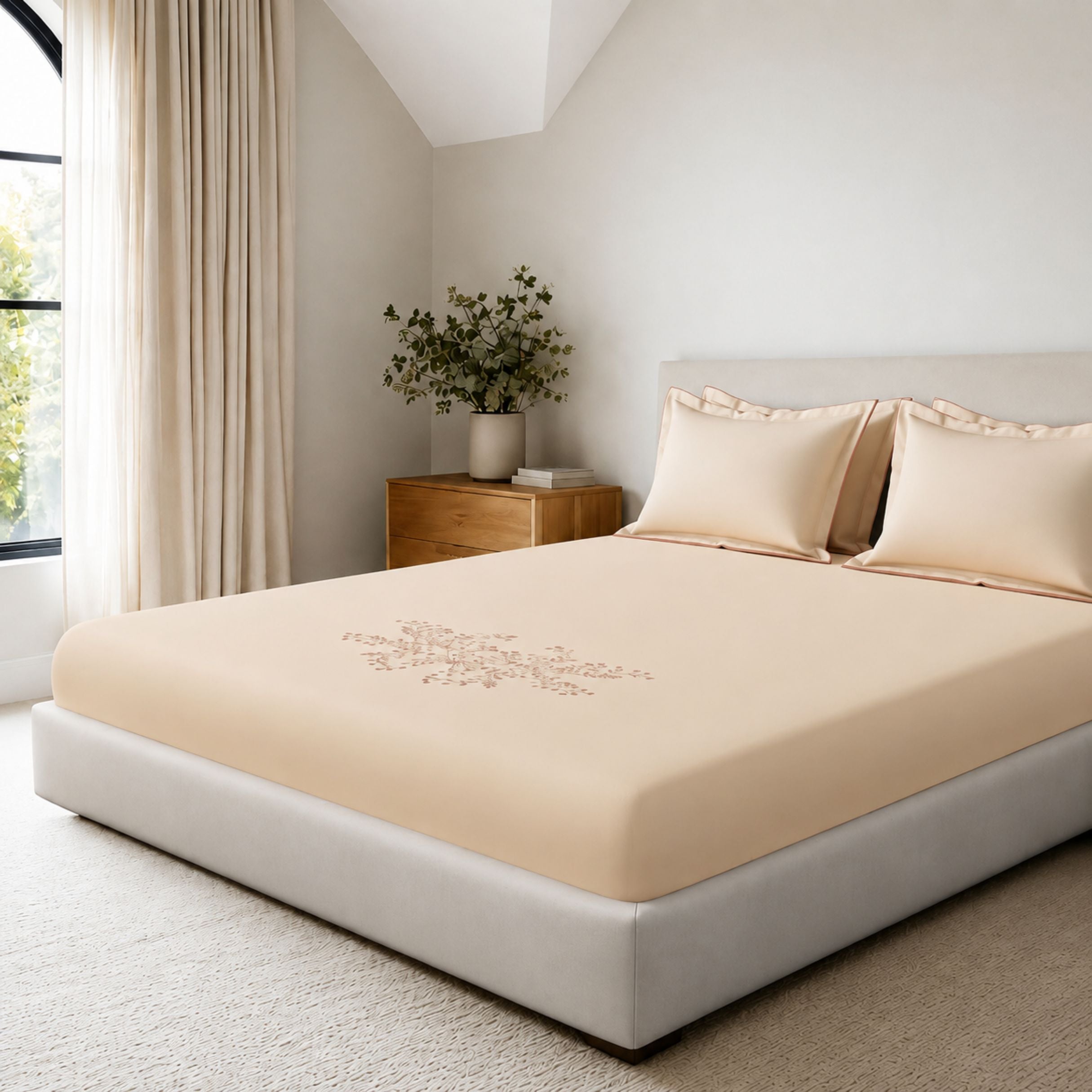 Sansaar by DDdecor Large Bedsheet Set with 2 Pillow Covers - Berrywisp - Natural - Embroidered - 1 Pc