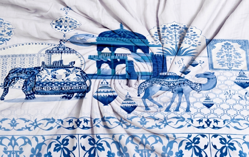 Spaces Shubha Blue Pottery Airy Blue Traditional Floral 300TC Cotton Super King Bed Sheet Set | 1085775 Airy Blue