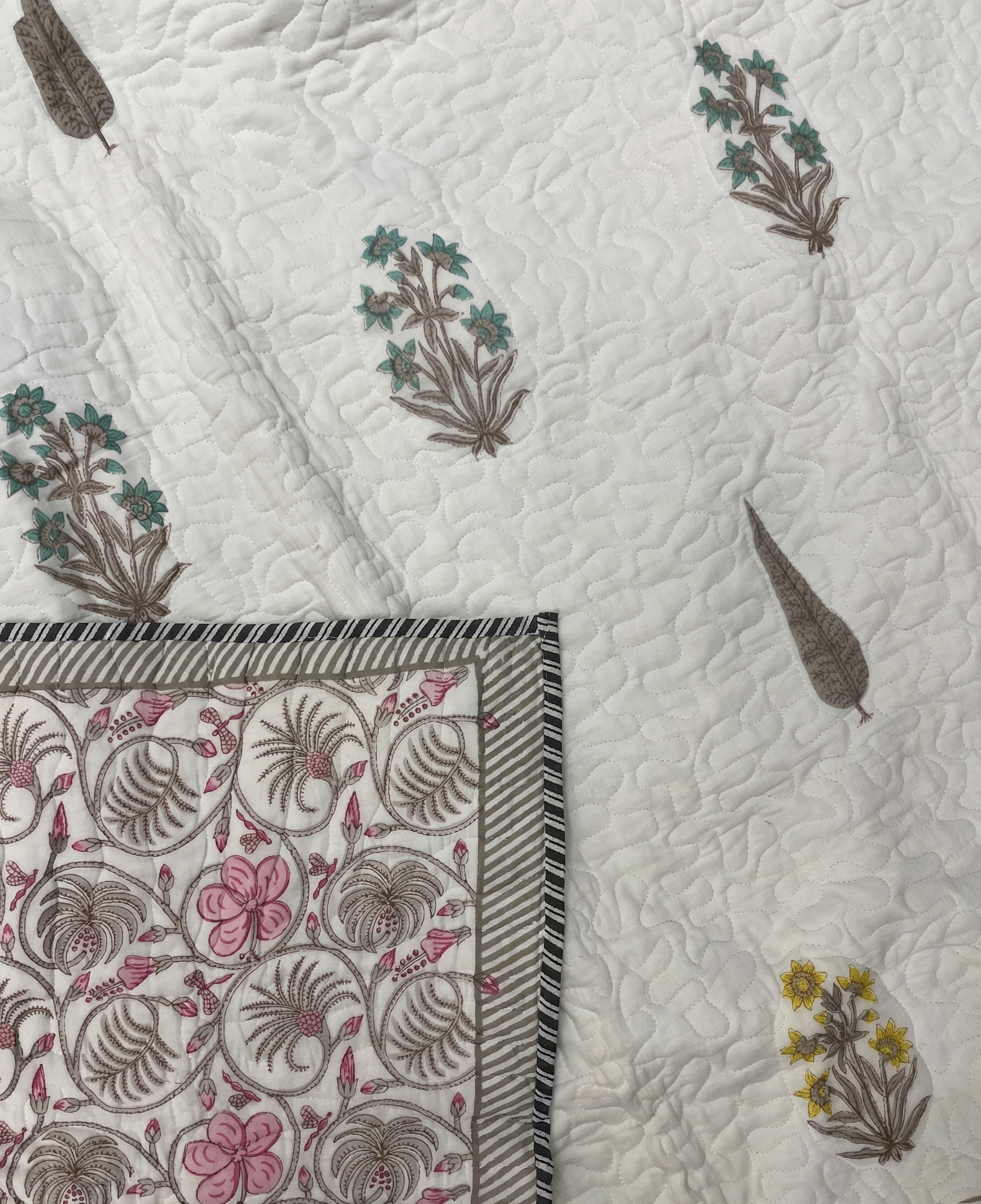 Jaipuri Cotton Quilted Bedcover | Multicolor Floral Buta Print | Premium King Size