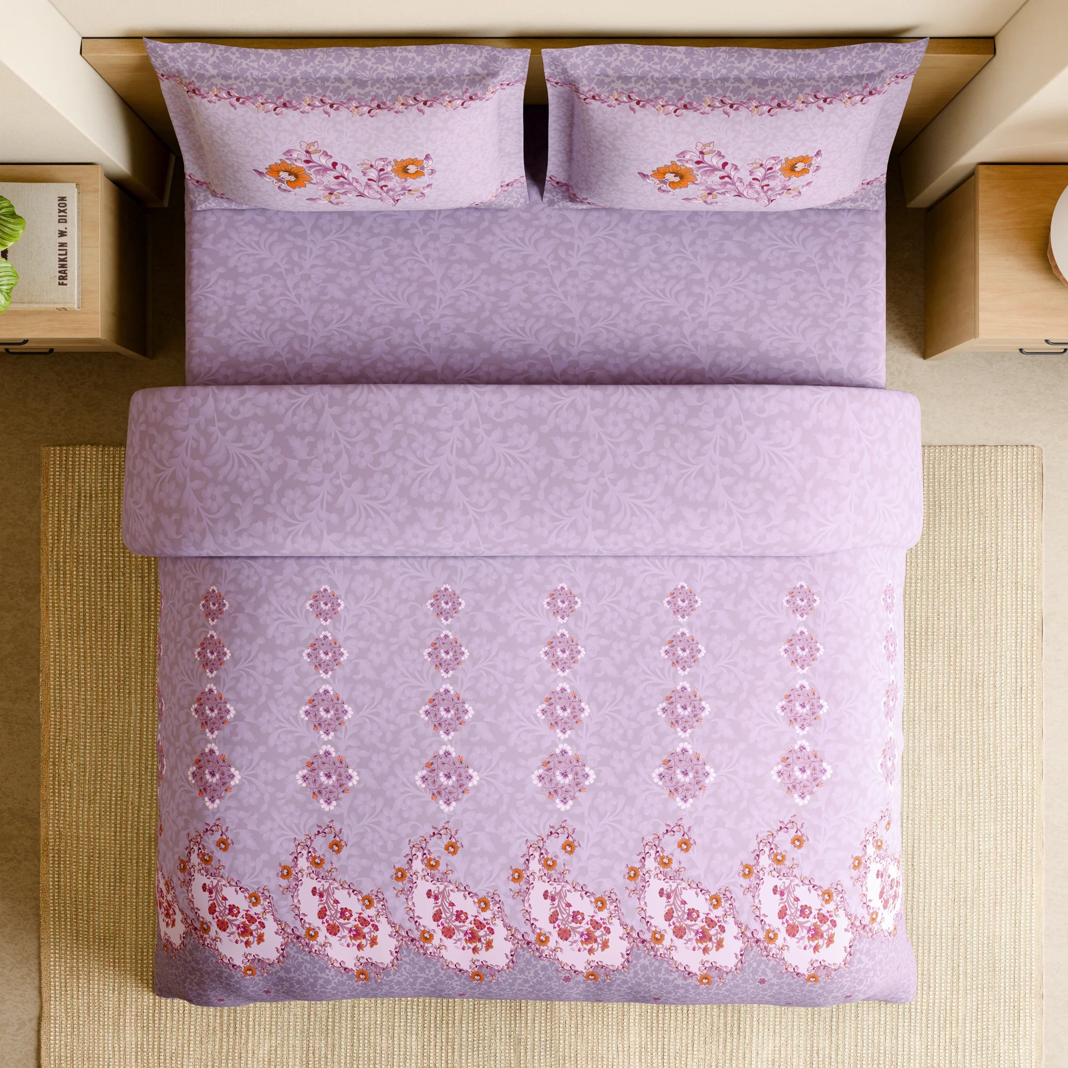 Spaces Shubha Papier Mâché Lavender Fogg Traditional 3-Dimensional Art 300TC Cotton Super King Bed Sheet Set | 1085770 Lavender Fogg