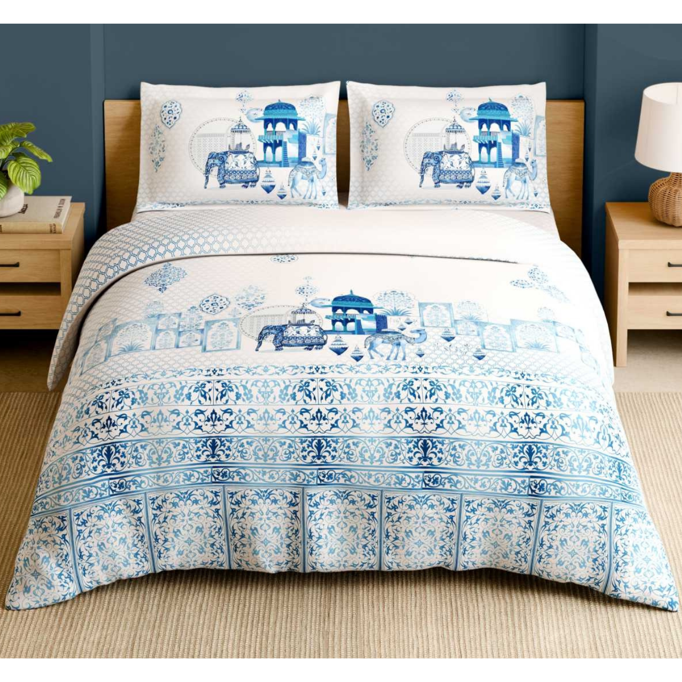Spaces Shubha Blue Pottery Airy Blue Traditional Floral 300TC Cotton Super King Bed Sheet Set | 1085775 Airy Blue