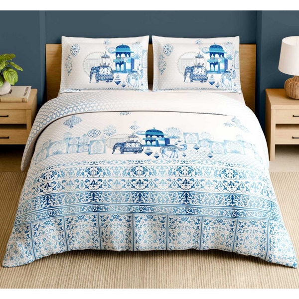 Spaces Shubha Blue Pottery Airy Blue Traditional Floral 300TC Cotton Super King Bed Sheet Set | 1085775 Airy Blue