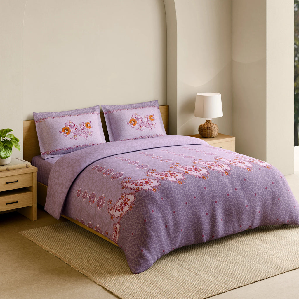 Spaces Shubha Papier Mâché Lavender Fogg Traditional 3-Dimensional Art 300TC Cotton Super King Bed Sheet Set | 1085770 Lavender Fogg