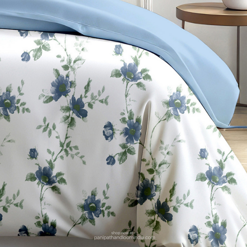 Linsdon Home House of Whites Floral Bloom | Azure Blue Digitally Printed 100% Cotton King Bedsheet Set