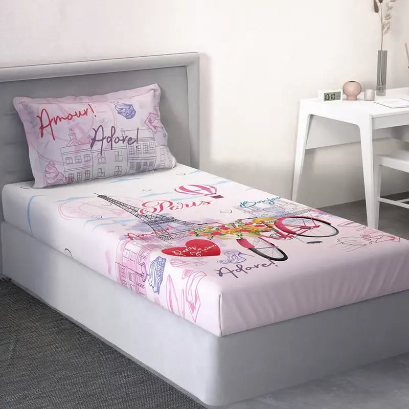 D'Decor Little Bratz Paris Amour | Blush Pink Eiffel Tower & Travel Sketch Print 100% Cotton Kids Bedsheet Set