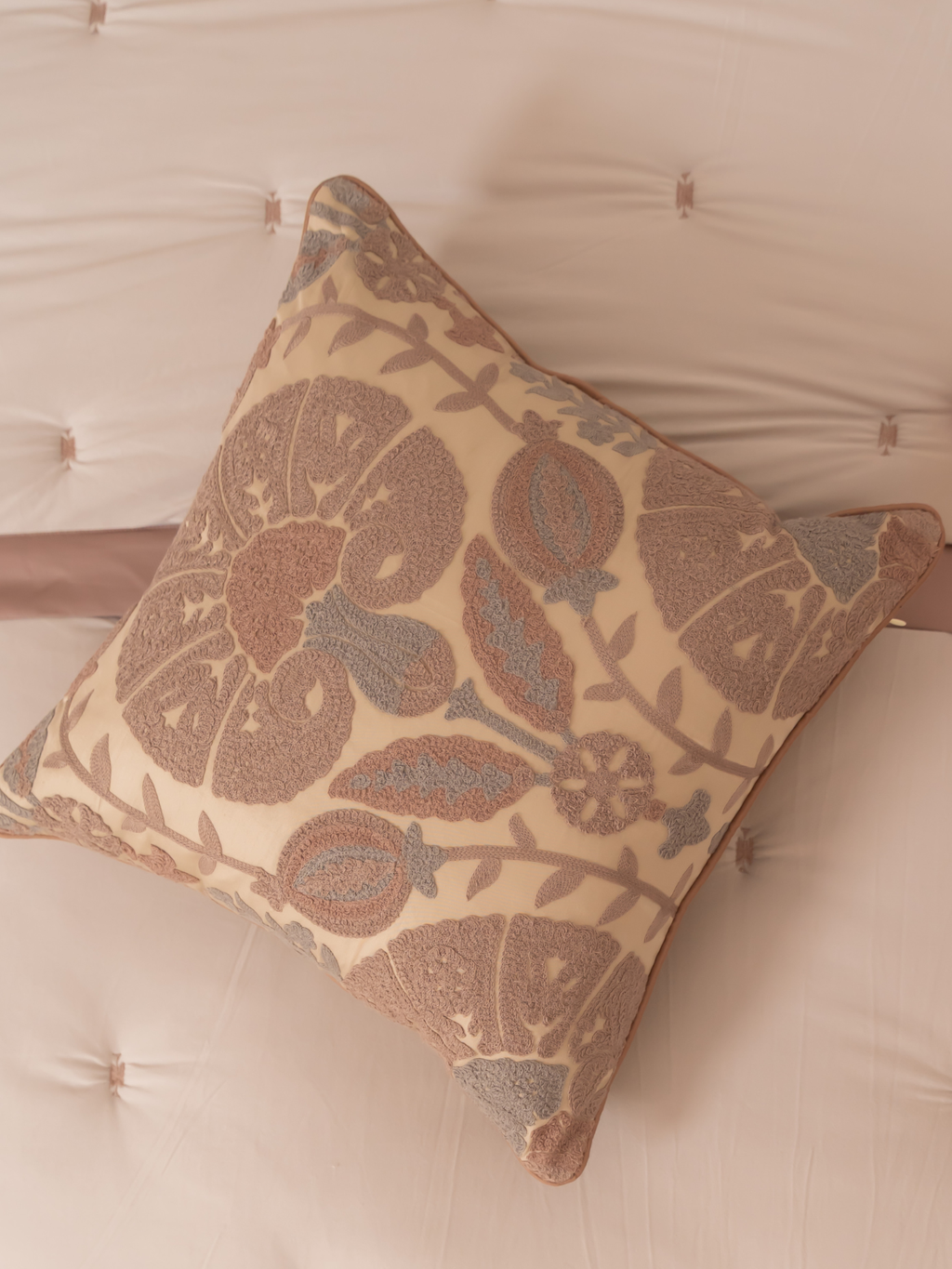 Sadyaska Bonica Beige Cotton Embroidered 16" X 16" 1 Pcs Cushion Cover