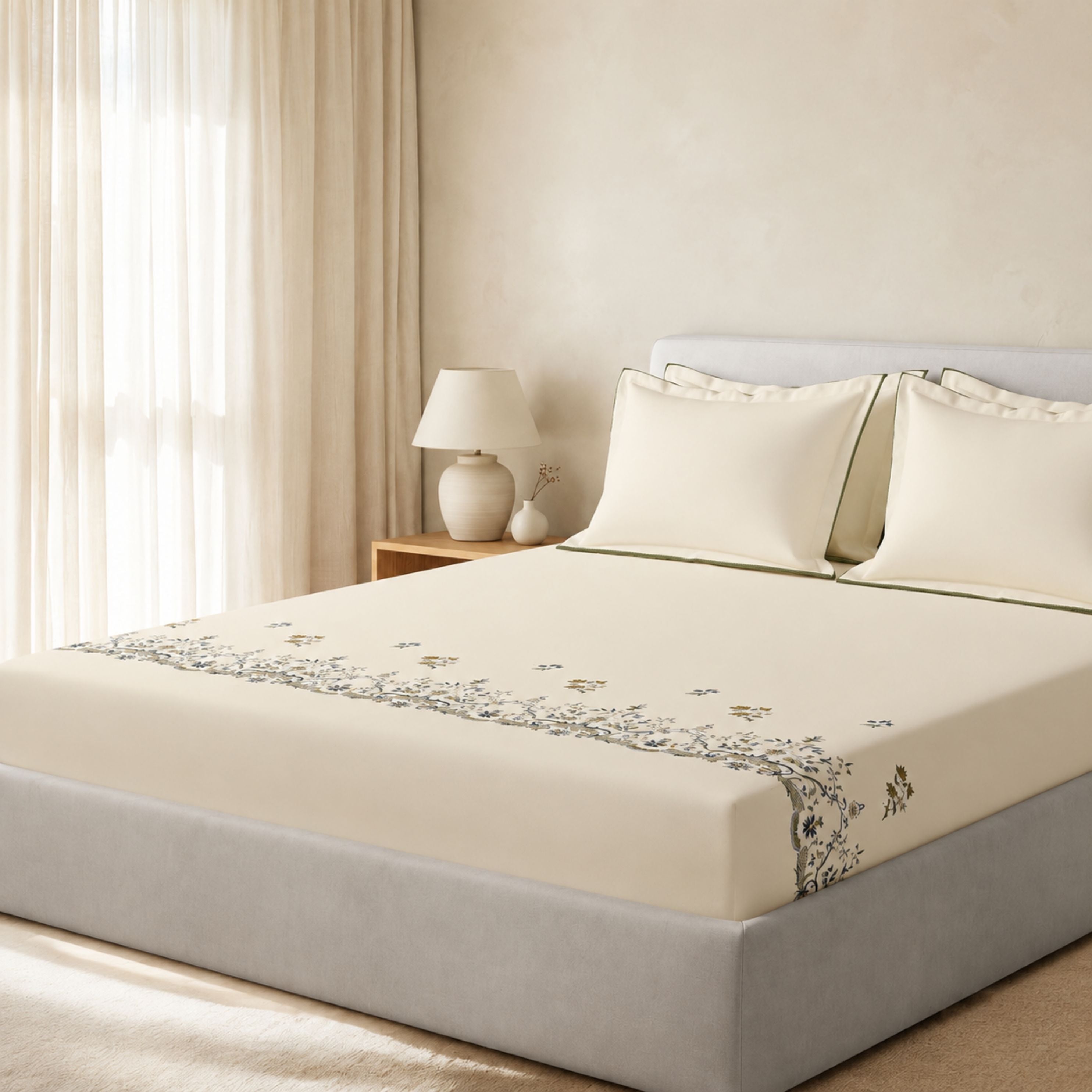 Sansaar by DDdecor Large Bedsheet Set with 2 Pillow Covers - Summerfeild - Snow White - Embroidered - 1 Pc