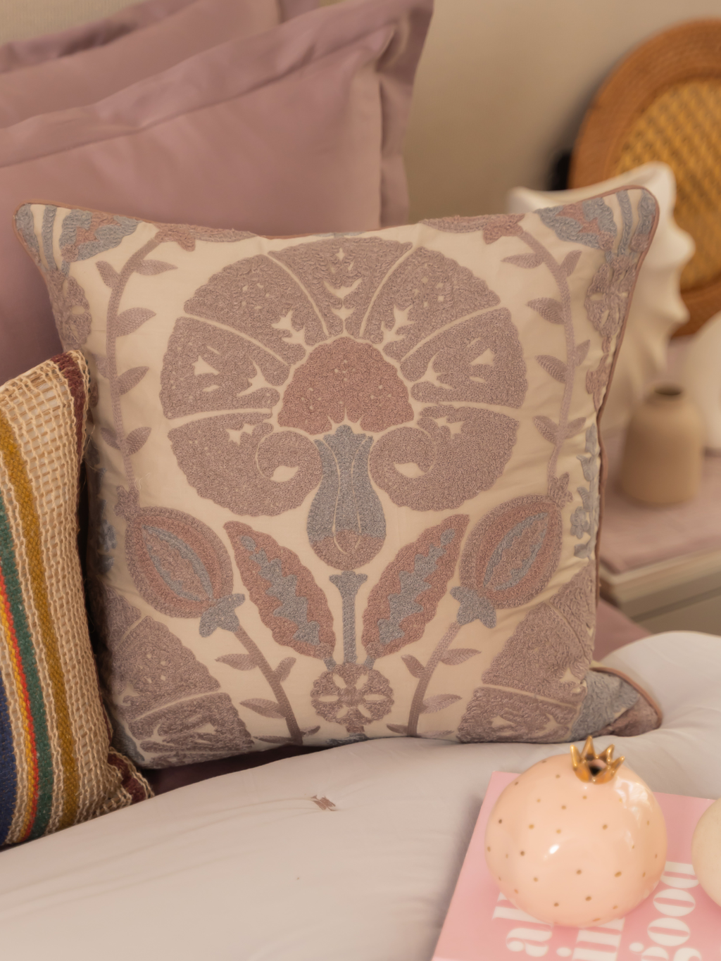 Sadyaska Bonica Beige Cotton Embroidered 16" X 16" 1 Pcs Cushion Cover