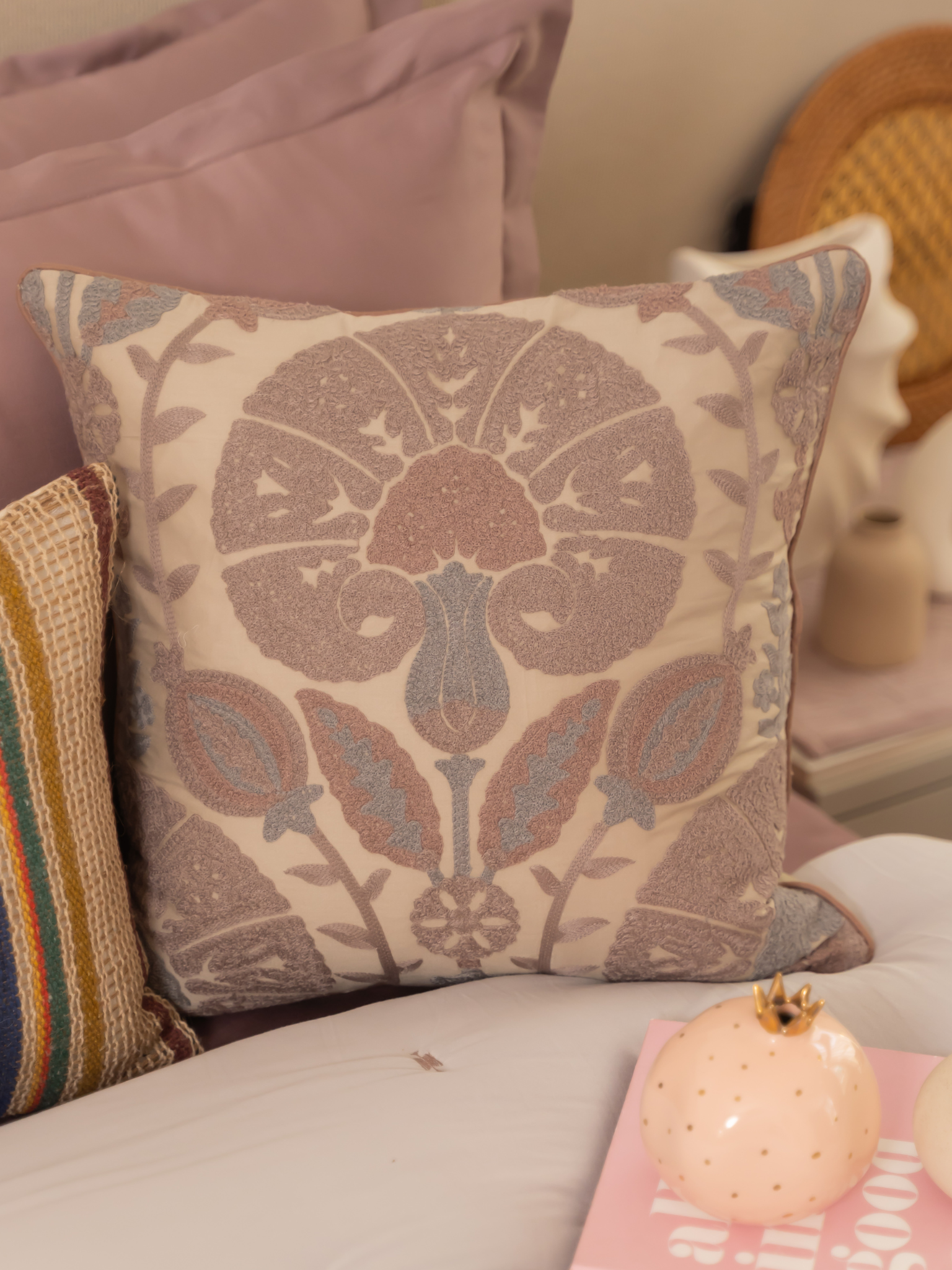 Sadyaska Bonica Beige Cotton Embroidered 16" X 16" 1 Pcs Cushion Cover
