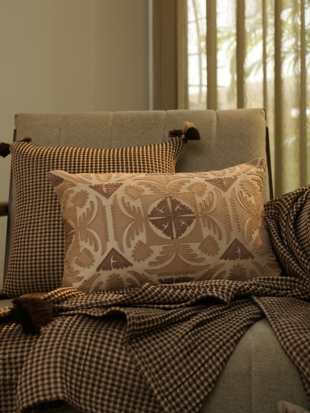 Sadyaska Dune Oats Beige Cotton Embroidered 12" X 18" 1 Pcs Cushion Cover