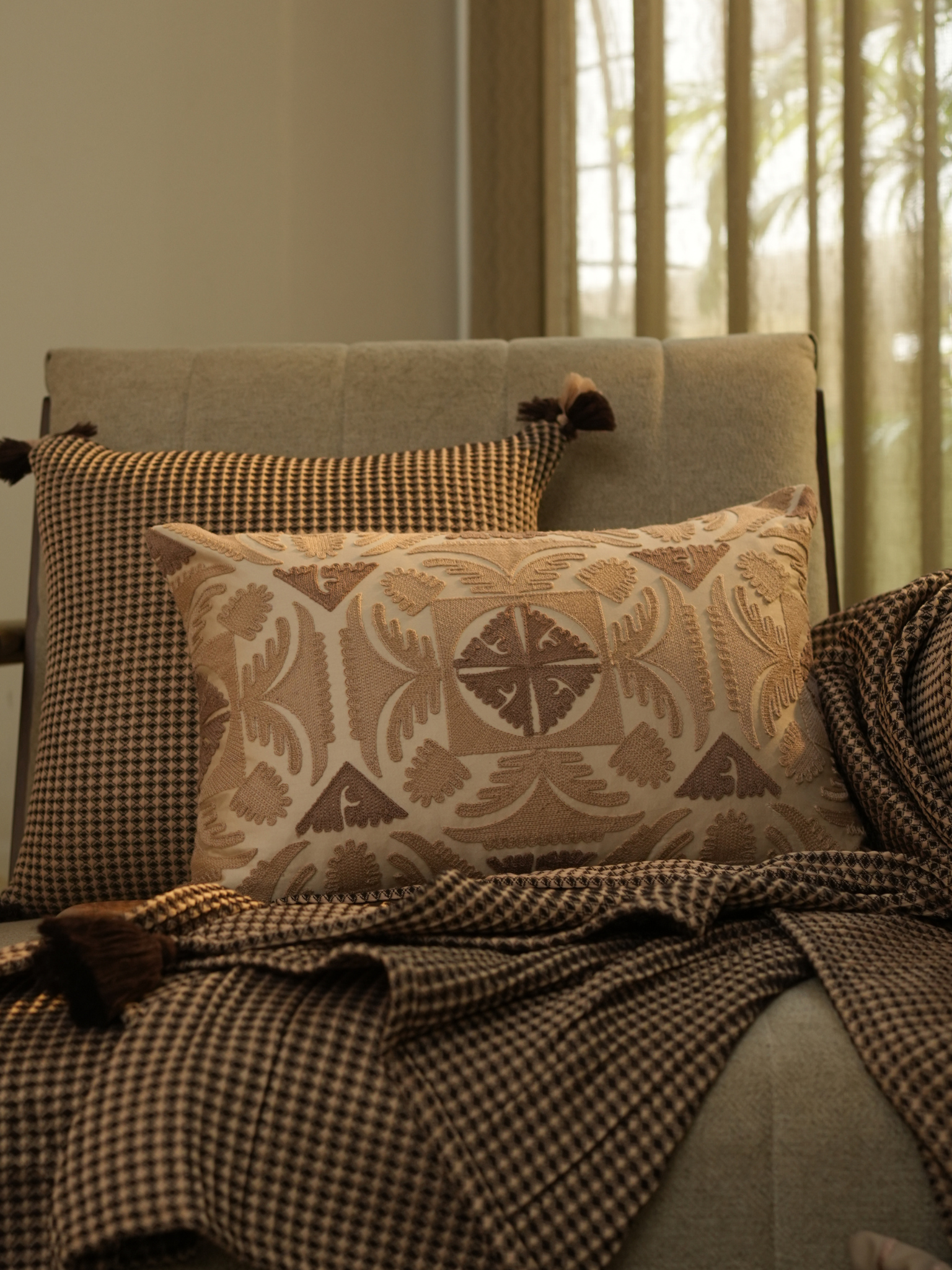 Sadyaska Dune Oats Beige Cotton Embroidered 12" X 18" 1 Pcs Cushion Cover