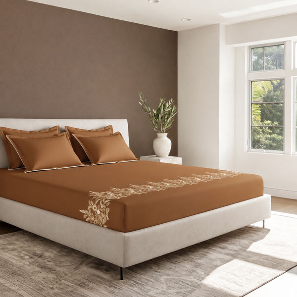 Sansaar by DDdecor Large Bedsheet Set with 2 Pillow Covers - Anthea - Teak - Embroidered - 1 Pc