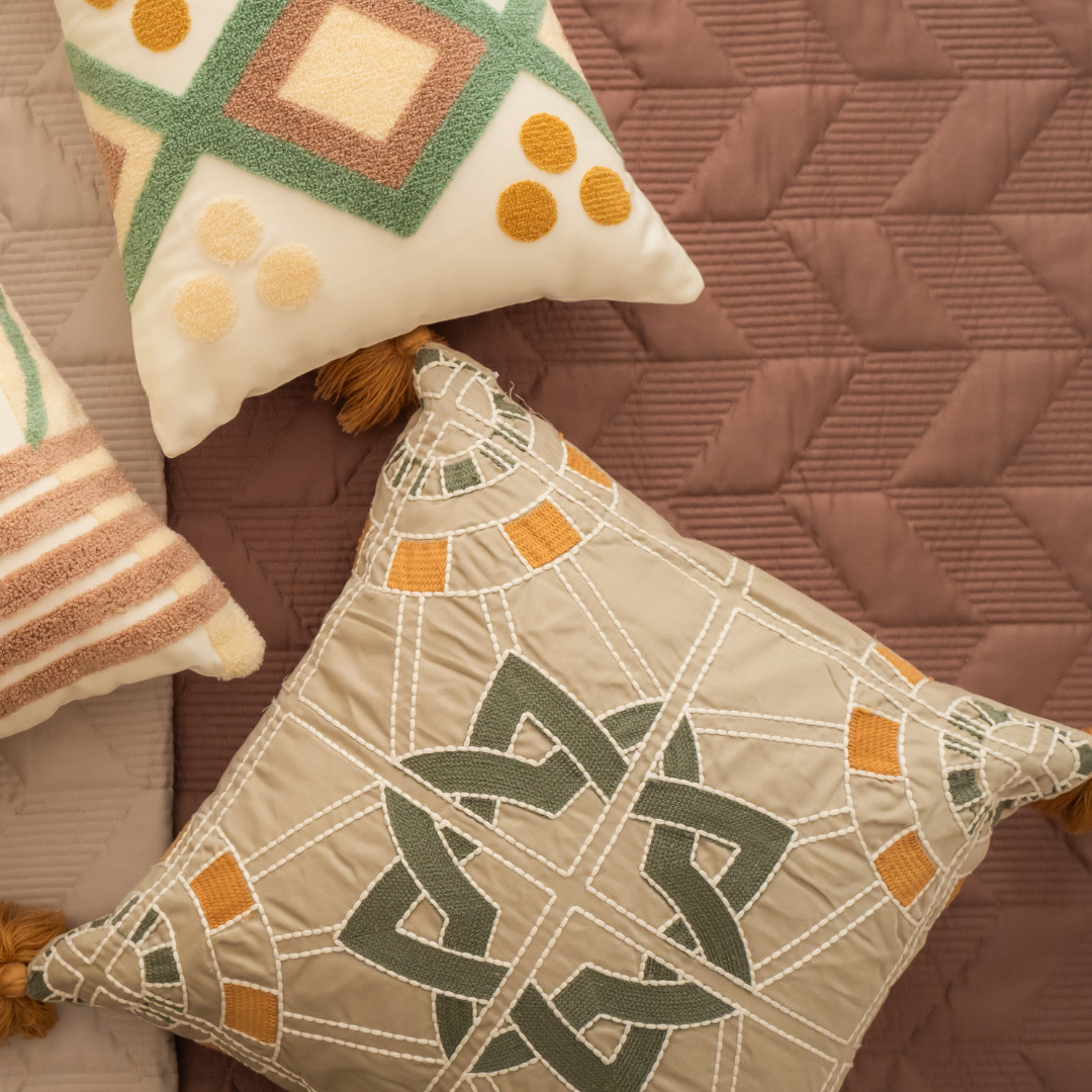 Sadyaska SPECTRUM Cotton Embroidered Beige 16" X 16" 1 Pcs Cushion Cover