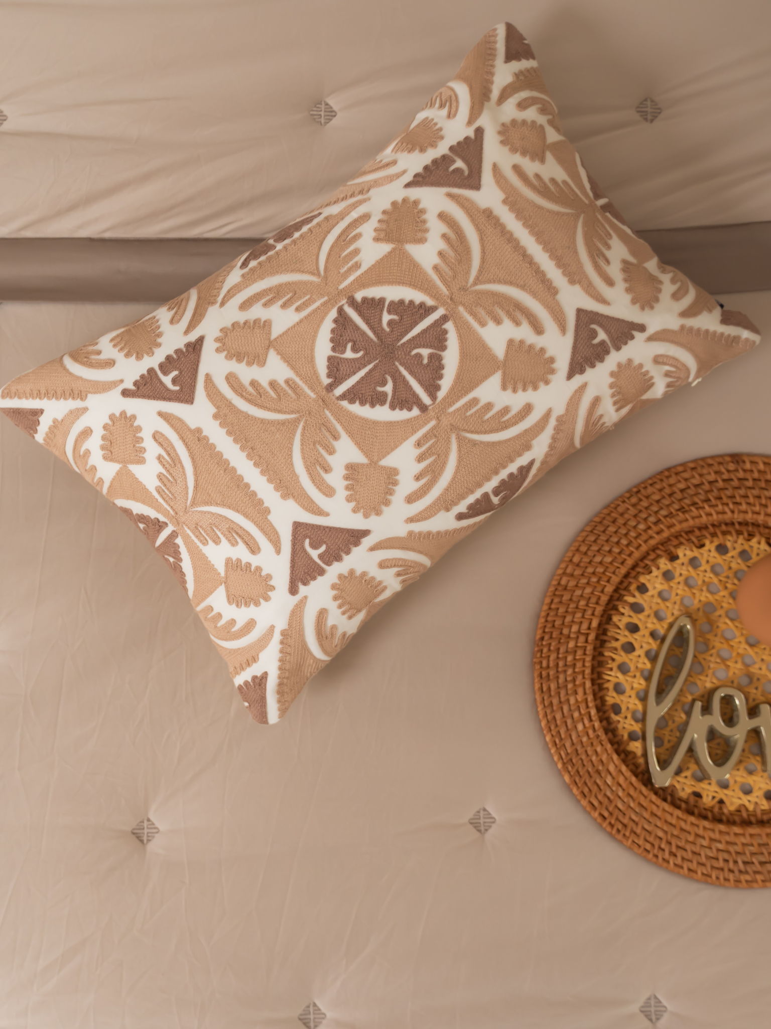 Sadyaska Dune Oats Beige Cotton Embroidered 12" X 18" 1 Pcs Cushion Cover