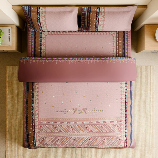 Spaces Shubha Banjara Heavenly Pink Traditional Embroidery Art 300TC Cotton Super King Bed Sheet Set | 1085773 Heavenly Pink