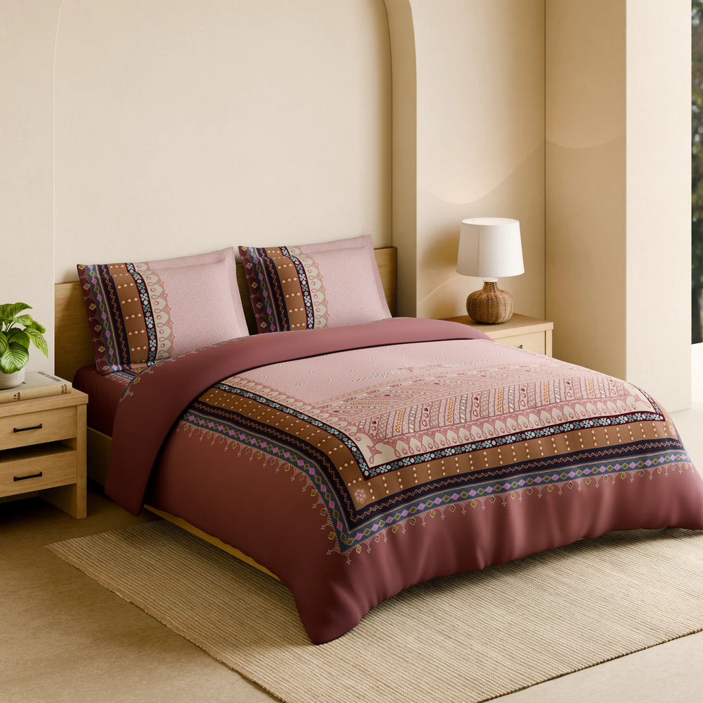 Spaces Shubha Banjara Heavenly Pink Traditional Embroidery Art 300TC Cotton Super King Bed Sheet Set | 1085773 Heavenly Pink