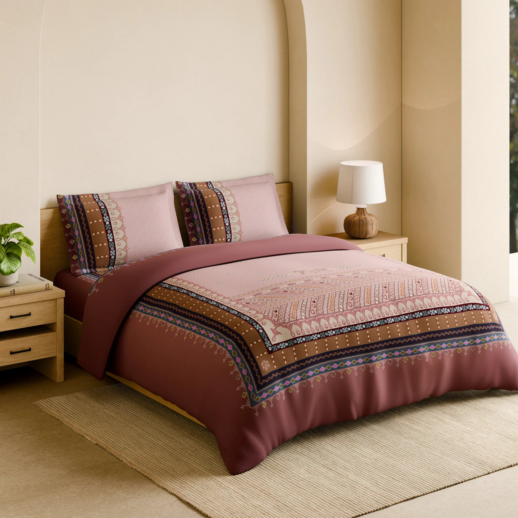 Spaces Shubha Banjara Heavenly Pink Traditional Embroidery Art 300TC Cotton Super King Bed Sheet Set | 1085773 Heavenly Pink