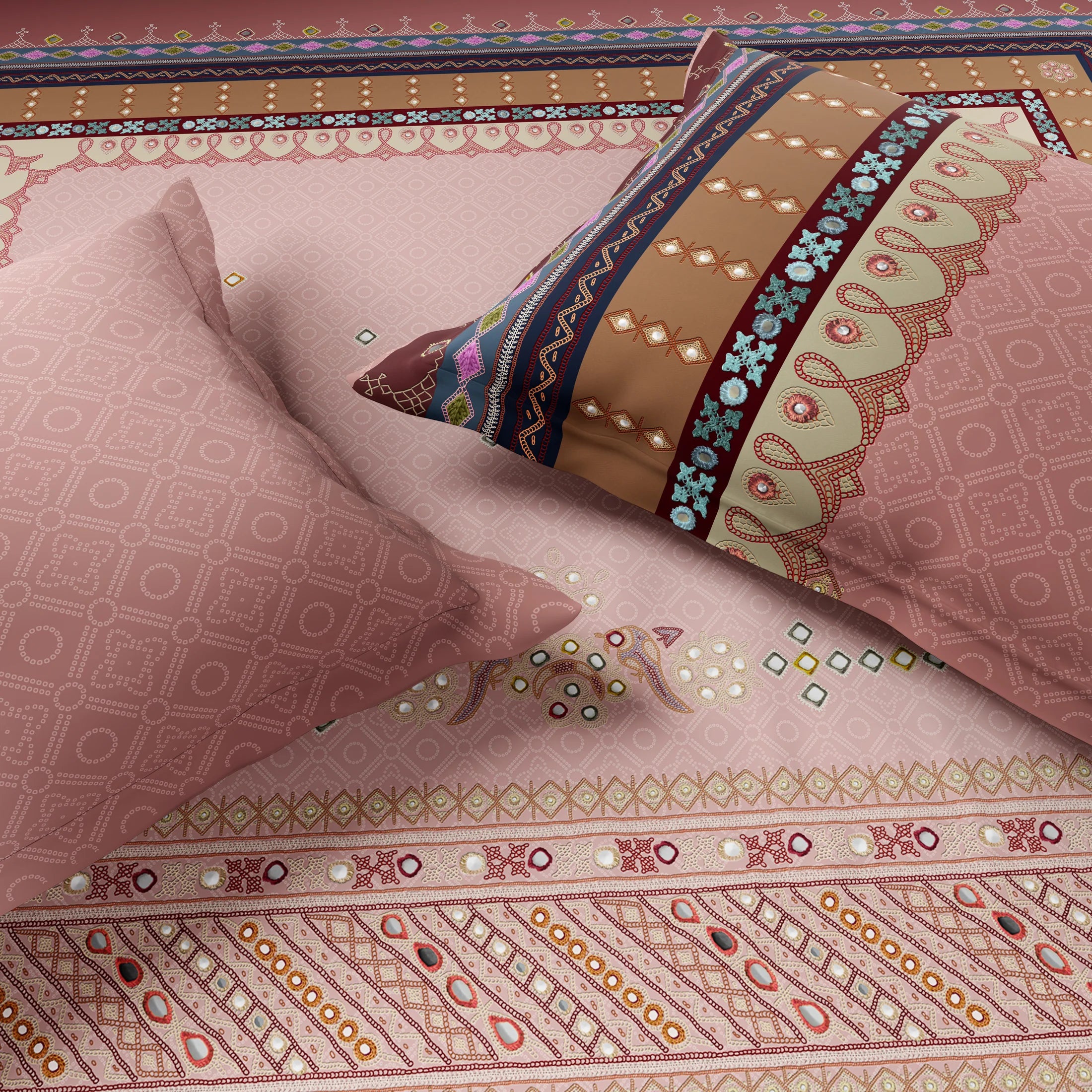 Spaces Shubha Banjara Heavenly Pink Traditional Embroidery Art 300TC Cotton Super King Bed Sheet Set | 1085773 Heavenly Pink