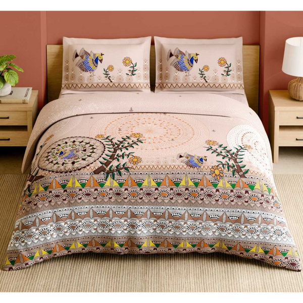 Spaces Shubha Madhubani Peach Blush Traditional Nature-Inspired 300TC Cotton Super King Bed Sheet Set | 1085747 Peach Blush