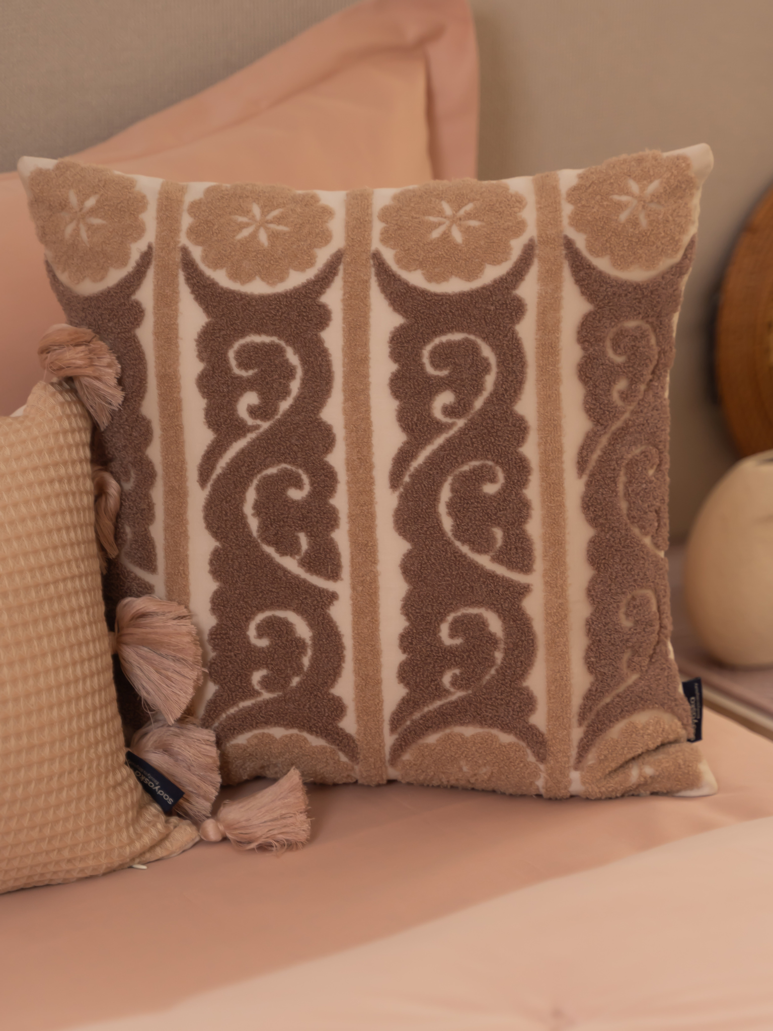 Sadyaska Fantasia Oats Beige Cotton Embroidered 16" X 16" 1 Pcs Cushion Cover