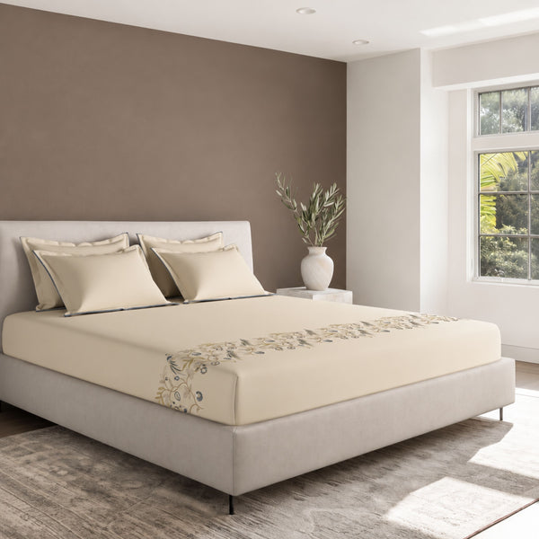 Sansaar by DDdecor Large Bedsheet Set with 2 Pillow Covers - Parkland - White Sand - Embroidered - 1 Pc