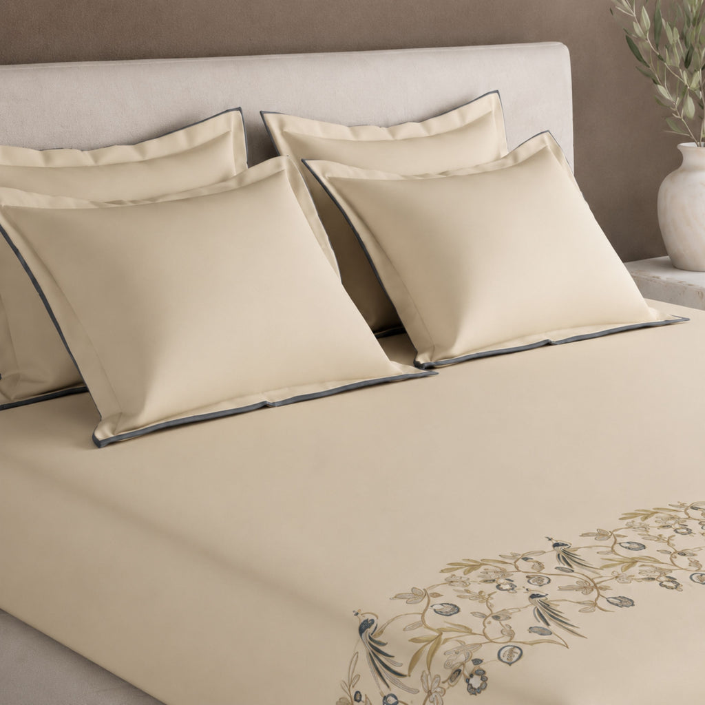 Sansaar by DDdecor Large Bedsheet Set with 2 Pillow Covers - Parkland - White Sand - Embroidered - 1 Pc