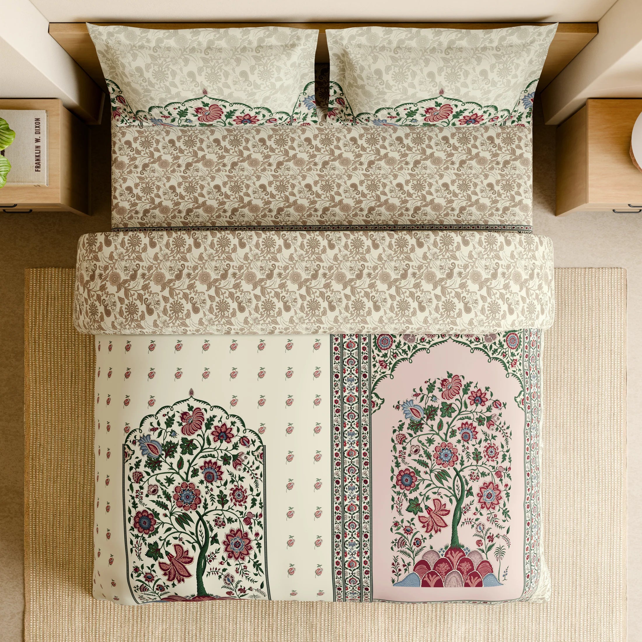 Spaces Shubha Kalamkari Sylvian Green Traditional Ethnic 300TC Cotton Super King Bed Sheet Set | 1085762 Sylvian Green