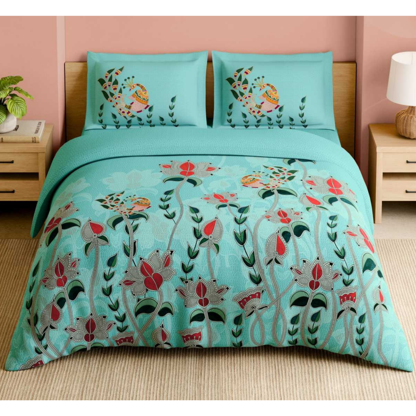 Spaces Shubha Madhubani Tibetan Stone Traditional Nature-Inspired 300TC Cotton Super King Bed Sheet Set | 1085749 Tibetan Stone