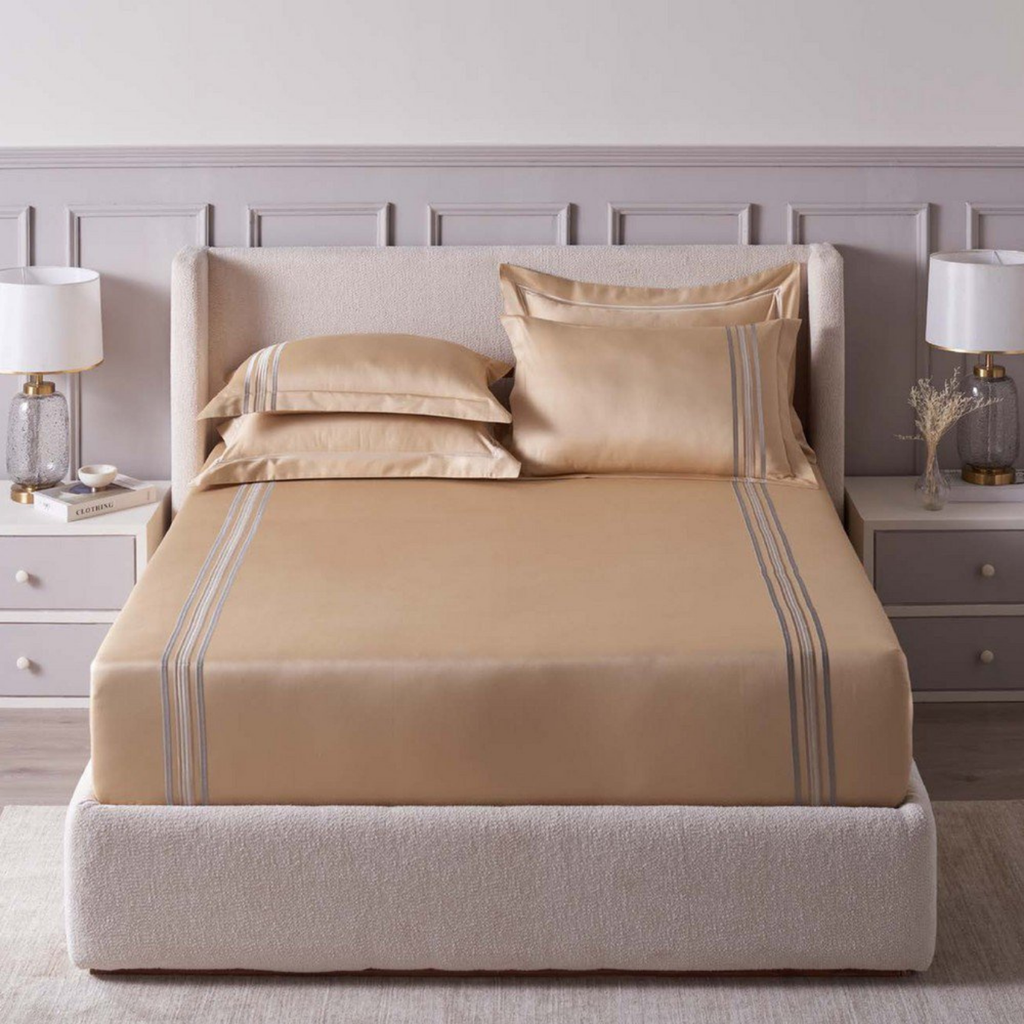 D'Decor Imperial II Gatsby Semolina Elegant Embroidered 5-Piece Double Bedsheet Set | IP06 Semolina