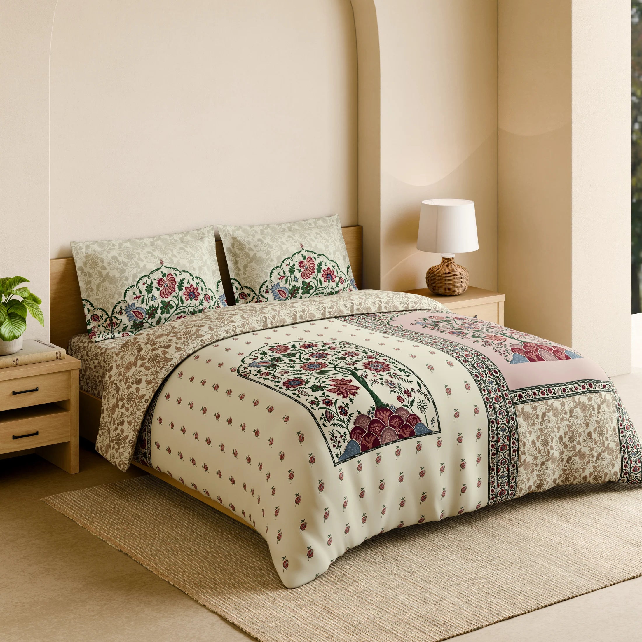 Spaces Shubha Kalamkari Sylvian Green Traditional Ethnic 300TC Cotton Super King Bed Sheet Set | 1085762 Sylvian Green