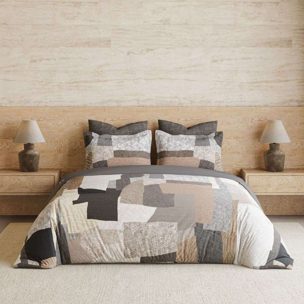 D'Decor Wabi Sabi Solaire Gilded Beige Abstract Digitally Printed 5-Piece Double Bedsheet Set | WS04 Solaire Gilded Beige