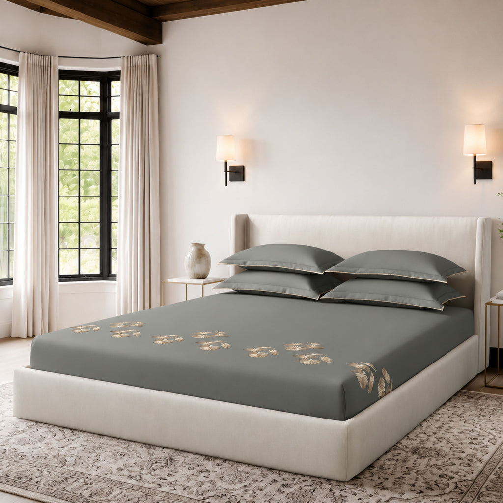 Sansaar by D'Decor Large Bedsheet Set with 2 Pillow Covers - Ginkgo - Elephant Skin - Embroidered - 1 Pc