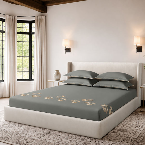 Sansaar by D'Decor Large Bedsheet Set with 2 Pillow Covers - Ginkgo - Elephant Skin - Embroidered - 1 Pc