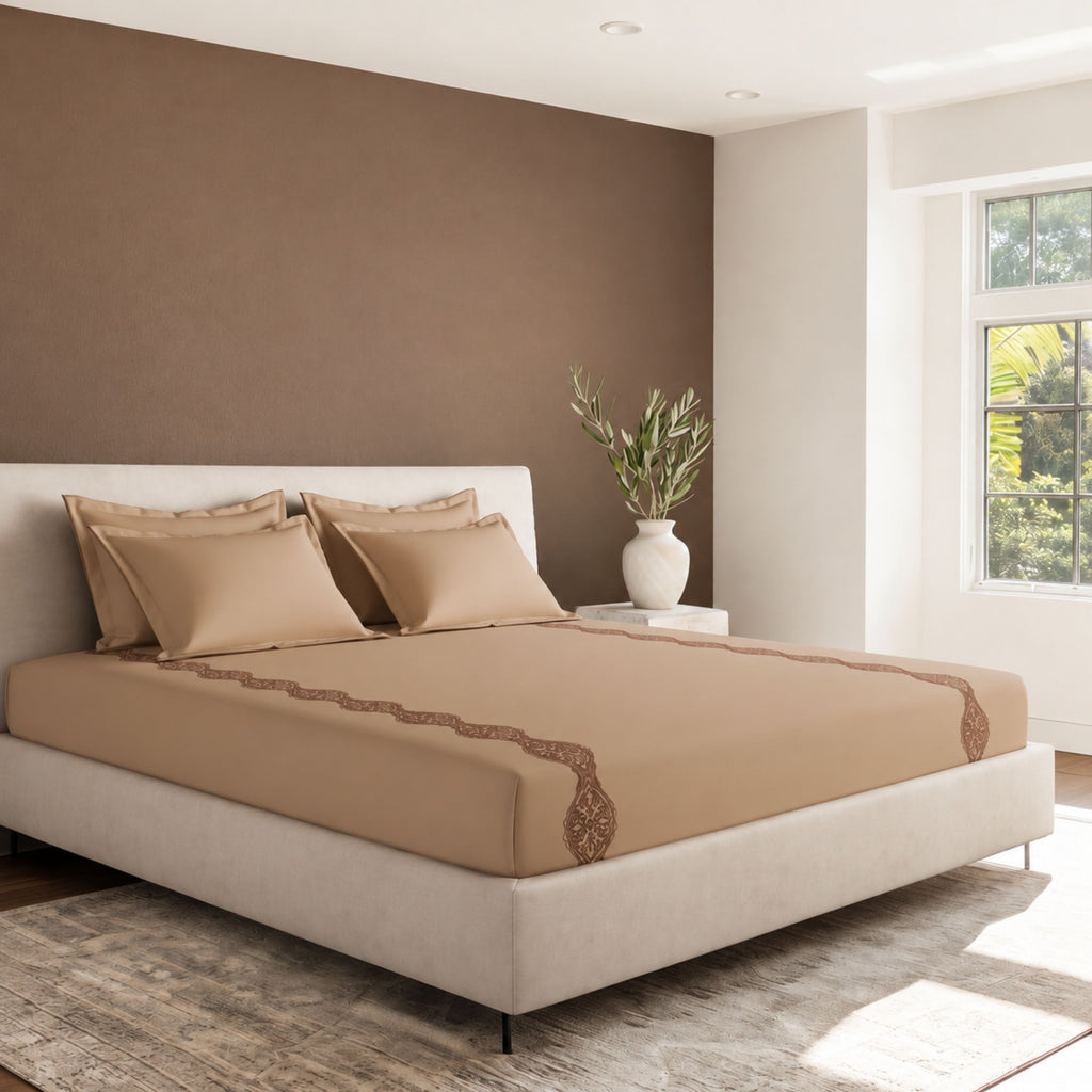 Sansaar by D'Decor Large Bedsheet Set with 2 Pillow Covers - Volute - Buckskin - Embroidered - 1 Pc