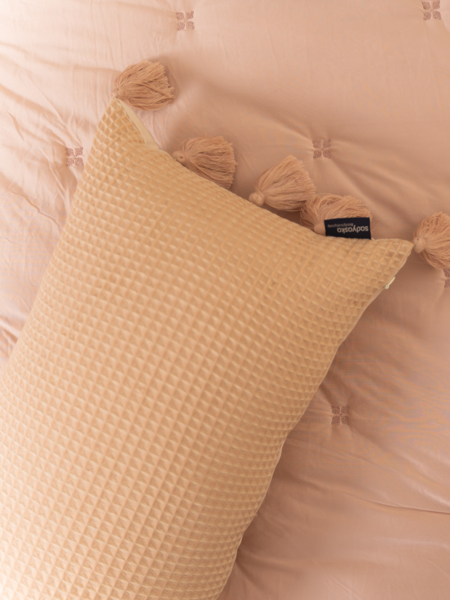 Sadyaska Pristine Oats Beige Textured Woven with Tassels 12" X 24" 1 Pcs Cushion Cover