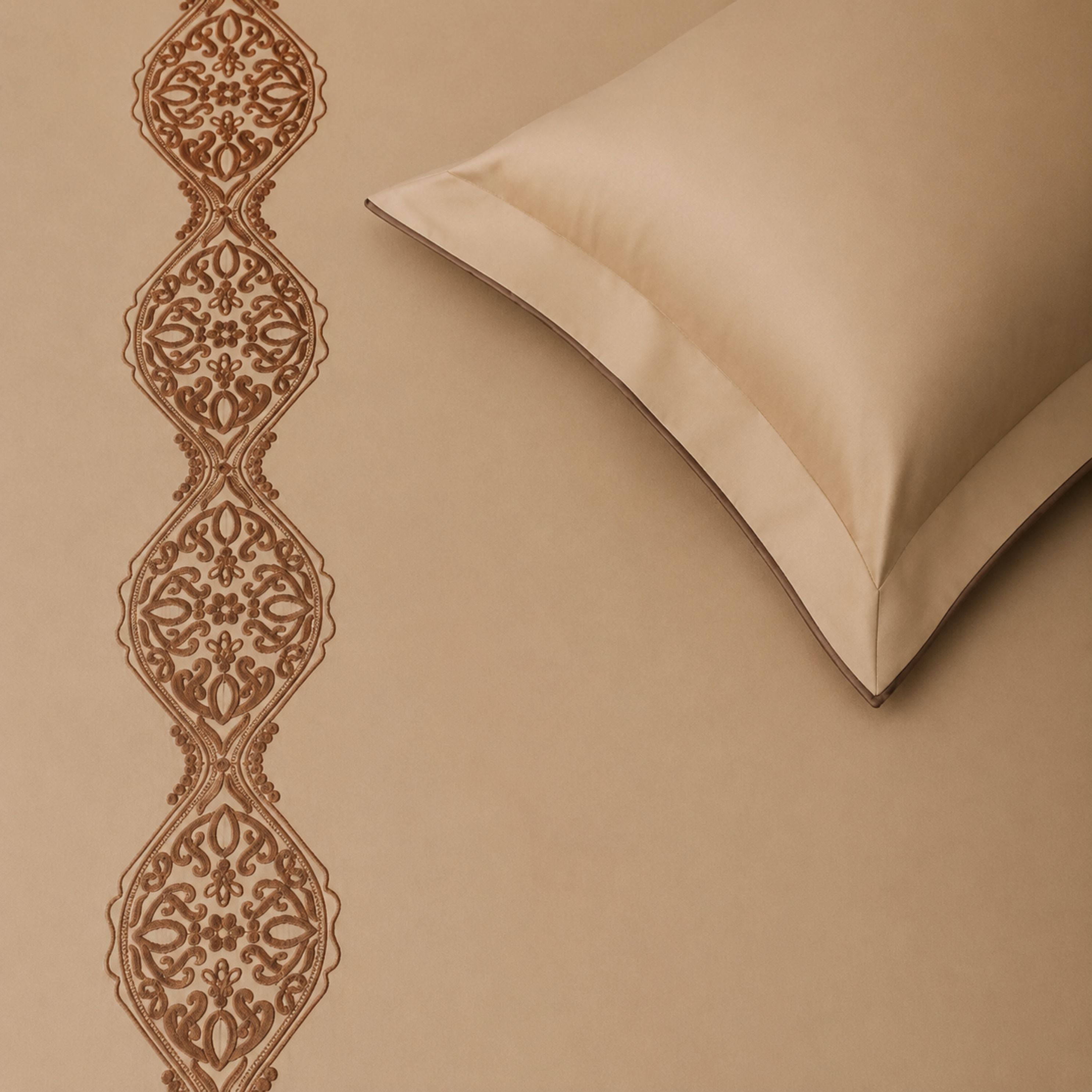 Sansaar by D'Decor Large Bedsheet Set with 2 Pillow Covers - Volute - Buckskin - Embroidered - 1 Pc