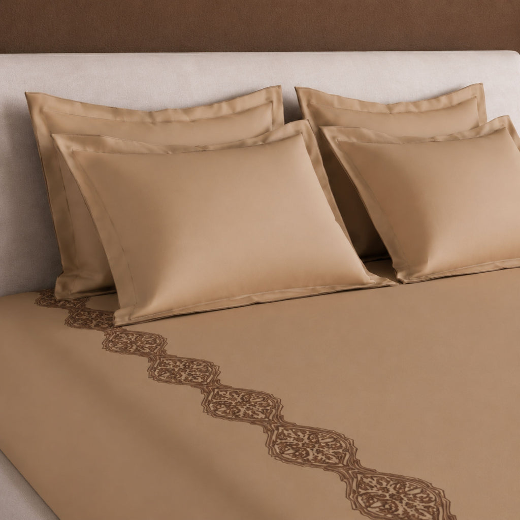 Sansaar by D'Decor Large Bedsheet Set with 2 Pillow Covers - Volute - Buckskin - Embroidered - 1 Pc